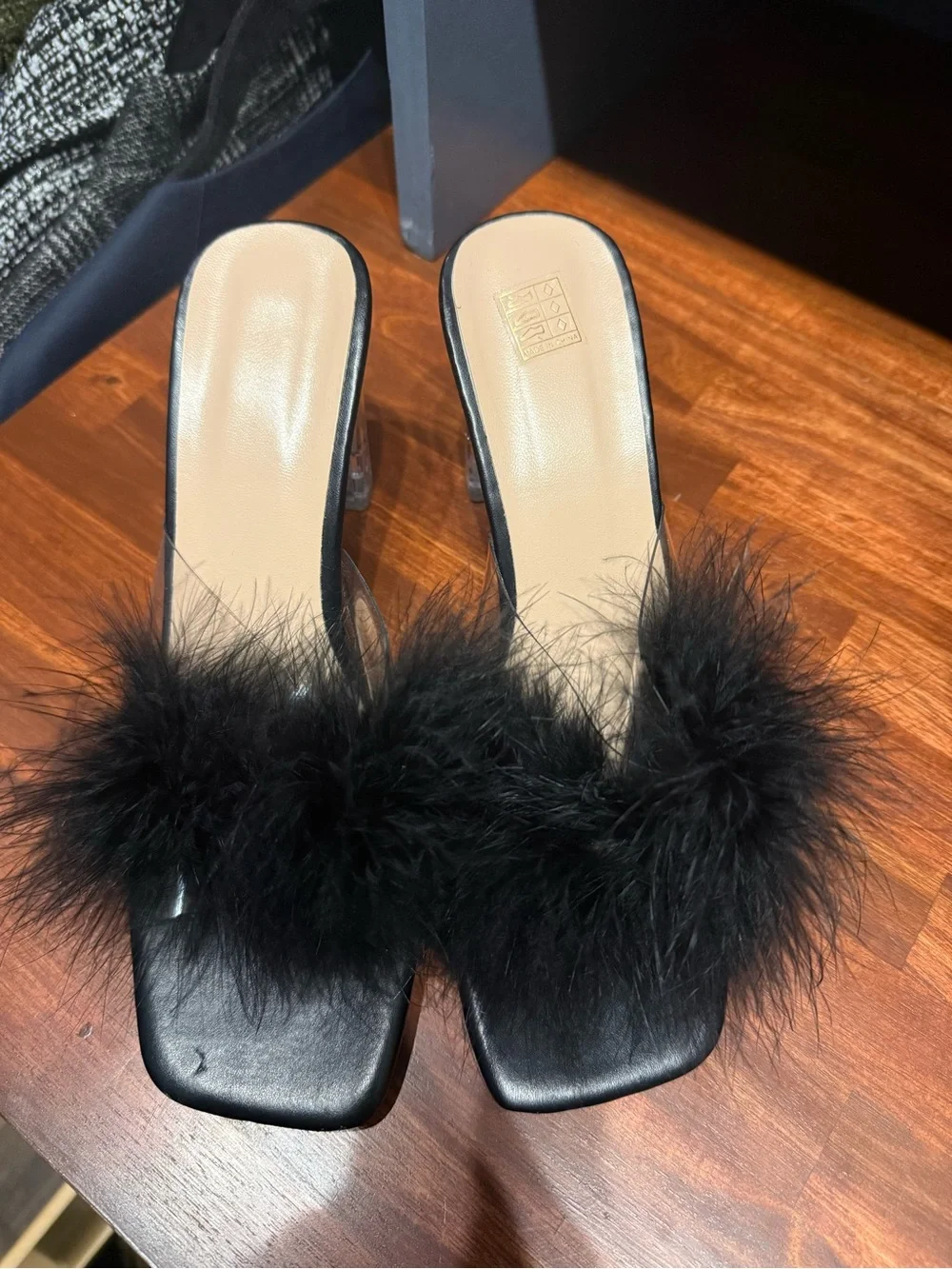 Black Feather Slide Heels - Women's Elegant Mule